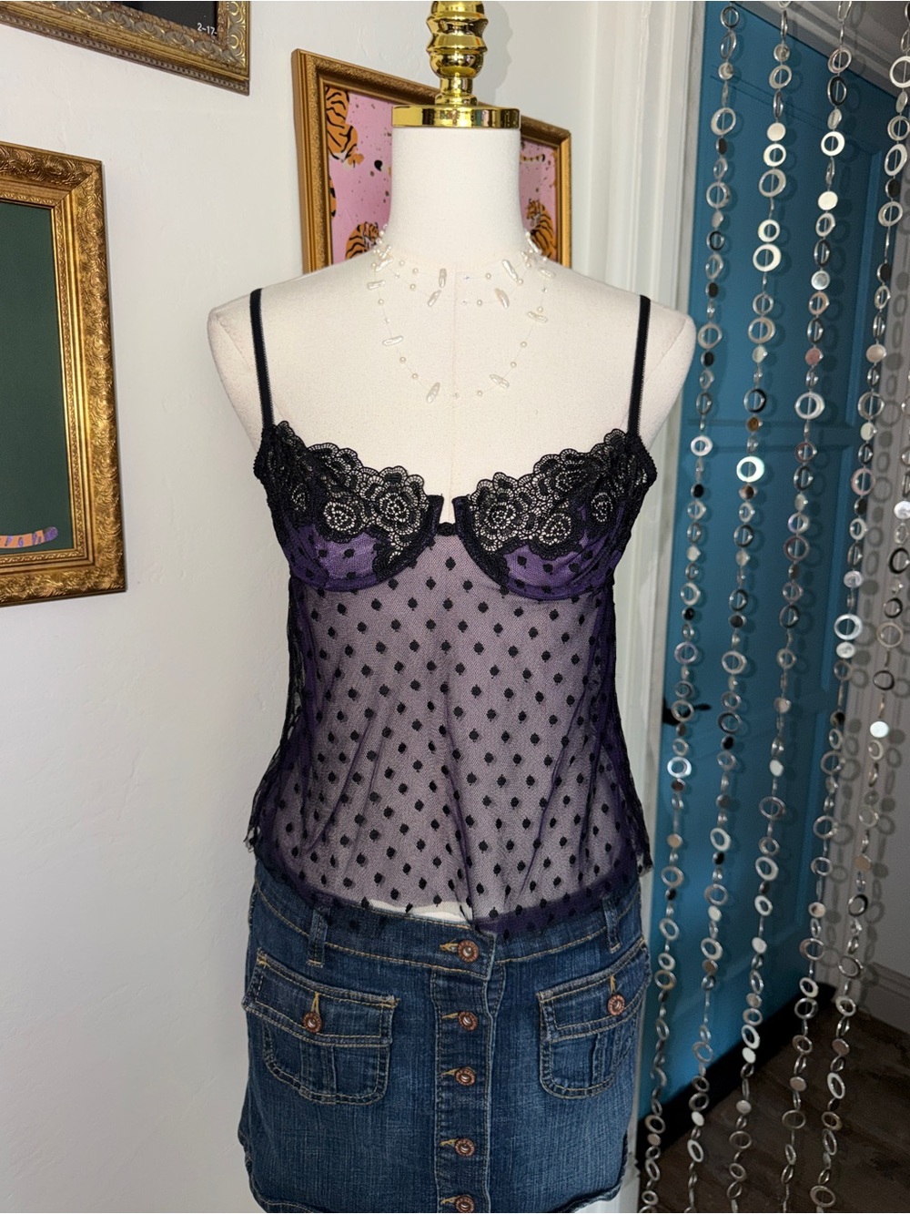 Vintage Y2K Sheer Polka Dot Lace Cami Top in Purple